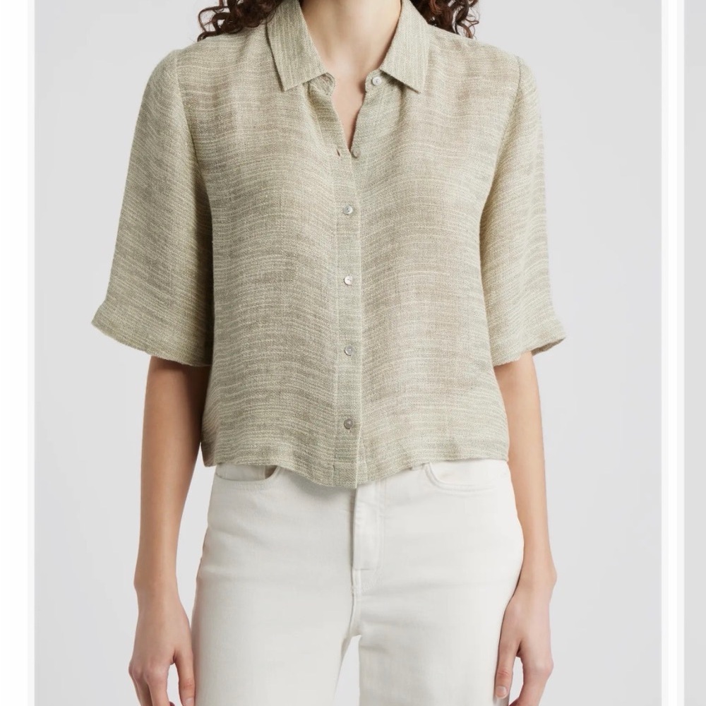 Eileen Fisher Relaxed Short-Sleeve Button-Down in Light Sage